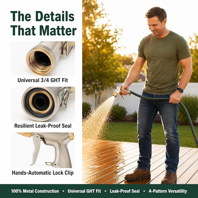 Metal Garden Hose Nozzle 4 Modes Leak Proof High Pressure Lawn Car | Zinc alloy nozzle, 4 spray modes, leak-proof. 250 PSI pressure for lawn, car, patio & pet cleaning; comfy ergonomic grip.
