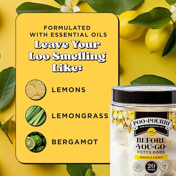 Poo-Pourri Before-You-Go 2-in-1 Toilet Potty Pods, Original Citrus, Bathroom Odor Deodorizer and Toilet Cleaner with Essential Oils, Lemon, Bergamot and Lemongrass Scent, 20 Count (Pack of 6)