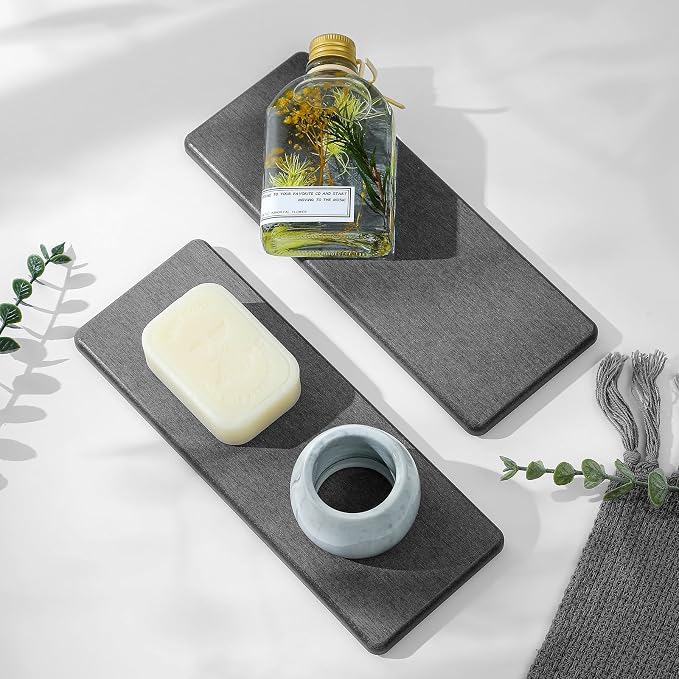 Razborci 2PCS Bathroom Trays, Water Absorbing Diatomite Stone Quick Drying Mat for Kitchen Counter, Dish Rack Soap Dispenser Sponge Holder Caddy Sink Vanity Organizer, Dark Gray Slate,9"x3.5"