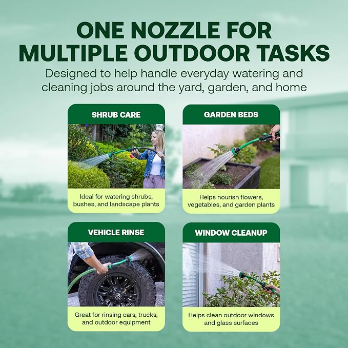 Rain Bird TRNZL8PWAND16 Watering Wand Garden Hose Nozzle, 16 Inch -Front Trigger with 8 Spray Patterns, Flow Control Knob, Trigger Lock, Non-Slip Ergonomic Grip, 3/4 Inch GHT Connection, Green & Black