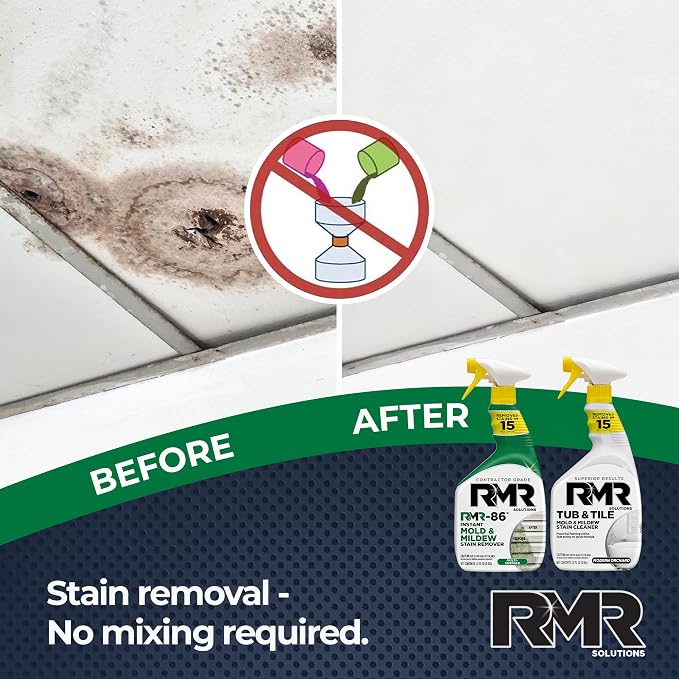 RMR Complete Mold & Mildew Stain Eraser System – No-Scrub Tub & Tile Cleaner + Instant Mold & Mildew Stain Remover Spray, Indoor/Outdoor Bathroom, Shower, Siding, & Deck Cleaning Kit, 2–32 Oz Bottles