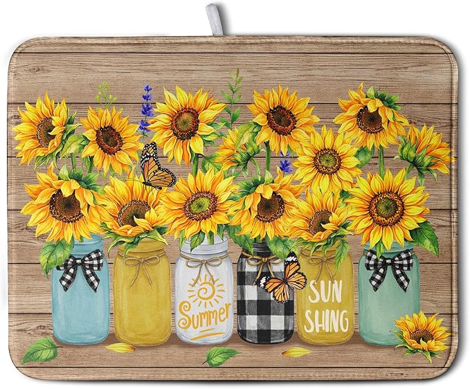 Sunflower Dish Drying Mat for Kitchen 18x24 Inch Counter Rustic Vintage Floral Vases Wood Grain Drying Mats Microfiber Absorbent Dishes Drying Pad Spring Summer Flowers Dish Drainer Rack Mat