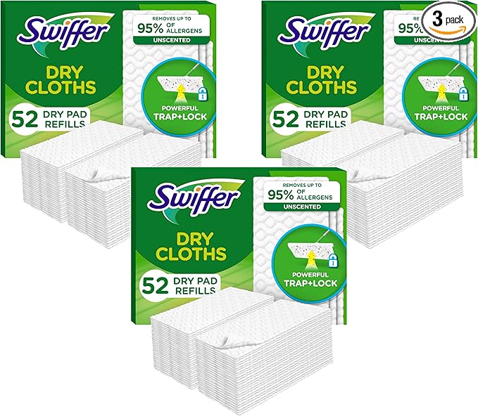 Swiffer Sweep + Mop,Dry Pads Refill,Floor Cleaner for Dirt,Dust,Hair,Cleaning Cloths for Mopping Home,Bathroom,Kitchen,Dust Mop,Floor Duster,Unscented,52ct,(Pack of 3)