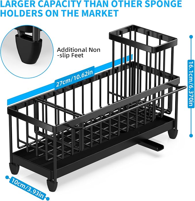 Moforoco Larger Version Sponge Holder for Kitchen Sink, Sink Caddy with High Brush Holder, Kitchen Sink Organizer Countertop Rustproof 304 Stainless Steel (Black with Towel Rack)