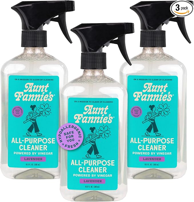 Aunt Fannie's All Purpose Vinegar Cleaner Spray, Lavender, Pack of 3 | Cuts Grease & Grime, No Harsh Residue, Safe for Kitchens Bathrooms Windows Counters & Sealed Areas, Kid and Pet Safe