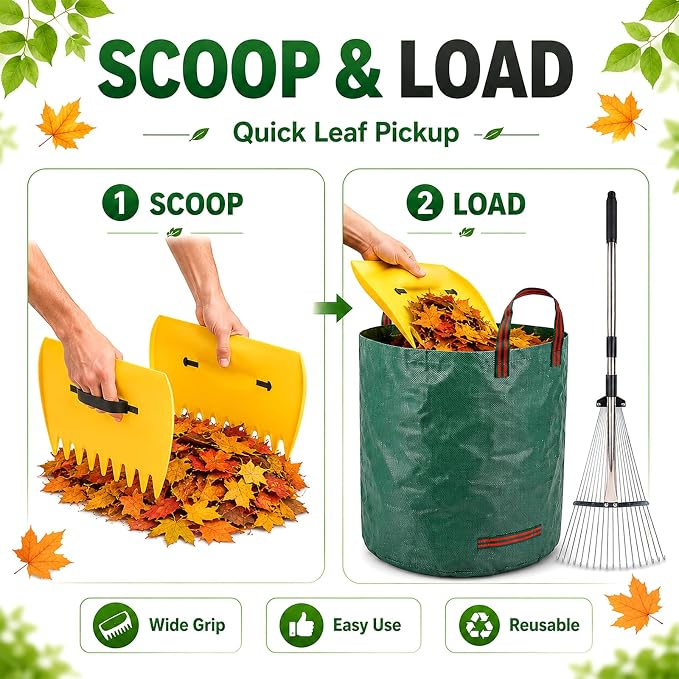 Leaf Collector Garden Rake Set - Adjustable 18 Tines Leaf Rakes & Leaf Picker Upper & 72 Gallon Lawn Waste Bag, Heavy Duty Collect Rake, Hand Leaf Scoop, Brown Paper Dumpster, Yard Gardening Tool