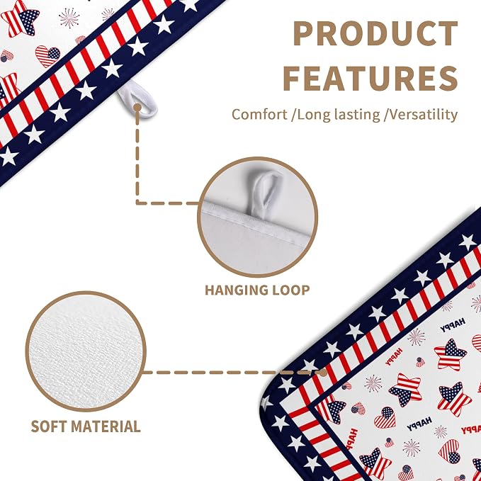 4th of July Dish Drying Mats for Kitchen Counter Patriotic Independence Day Kitchen Dishes Dryer Pad Stars Absorbent Dish Mat Microfiber Washable Foldable Reusable Large 18x24 in