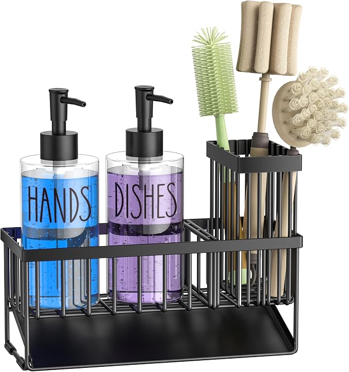 MASADI Kitchen Sink Caddy with Dish Soap Dispenser Set, 12OZ Glass Bottle, Hand and Dish Soap Dispenser Set, Non-Slip Silicone Pad, Brush Holder, Kitchen Sink Organizer Countertop (Black+Clear)