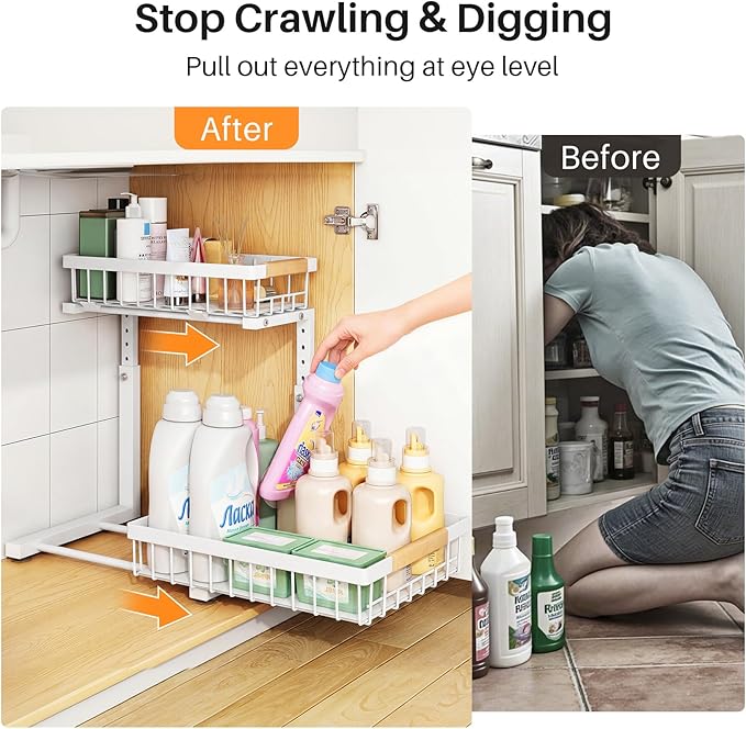 PXRACK Under Sink Organizer, Adjustable Height, 2 Tier Pull Out Under Cabinet Organizer, Slide Out Thickened Metal Under Sink Storage for Kitchen Bathroom Laundry Pantry Cabinet, White, Large-1-Pack