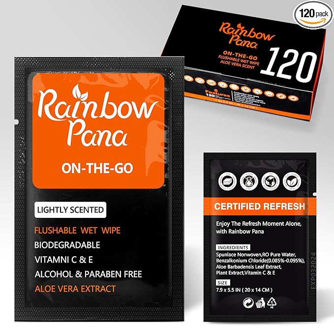 RainbowPana 120 Count Flushable Wipes for Men: ON-THE-GO, Individually Wrapped | Butt Wipes, Travel Wipes | Lightly Scented - Vitamin C, E, Aloe, Plant Extract