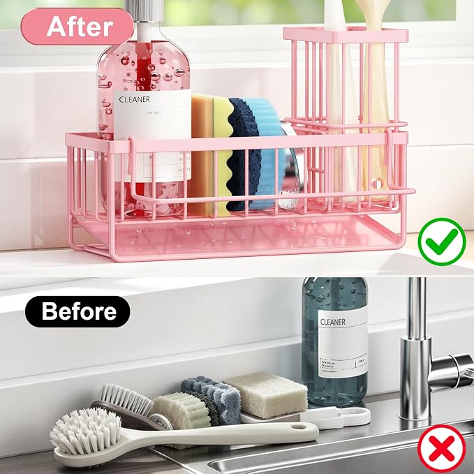 Sponge Holder for Kitchen Sink, Kitchen Sink Caddy, Kitchen Sink Sponge Holder, Dish Sponge Holder, Kitchen Sink Organizer for Sponge, Dish Brush, Scrubber(9.65" x 3.74" x 6.3", Pink)