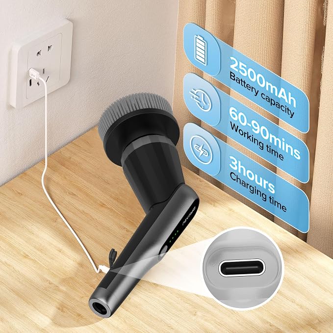 Electric Spin Scrubber, 10-in-1 Shower Scrubber & Retractable Long Handle, 44 lbs High-Torque & Variable Speed Shower Cleaning Brush for Bathroom,Toilet, Bathtub, Kitchen, Tile Floors,