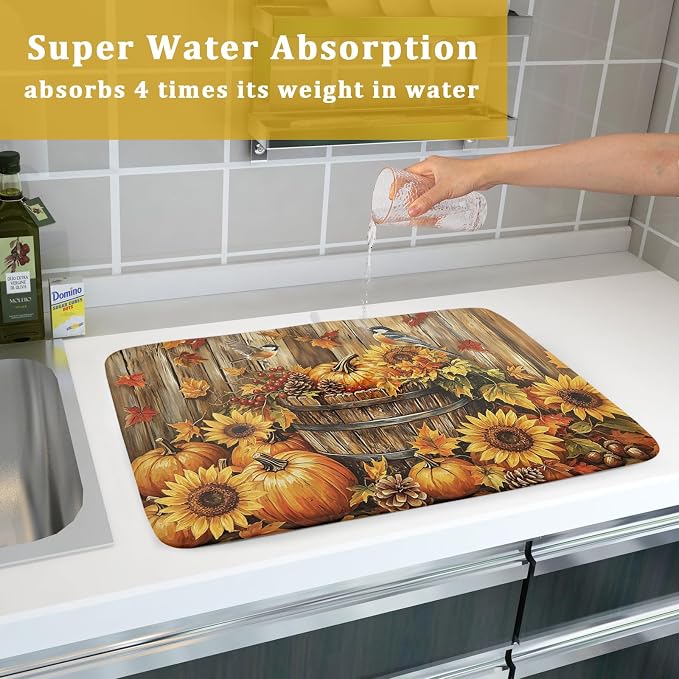 Fall Dish Drying Mat for Kitchen Counter Autumn Pumpkin Harvest Thanksgiving Microfiber Absorbent Dish Draining Reusable Washable Foldable Extra Large 18"x24"