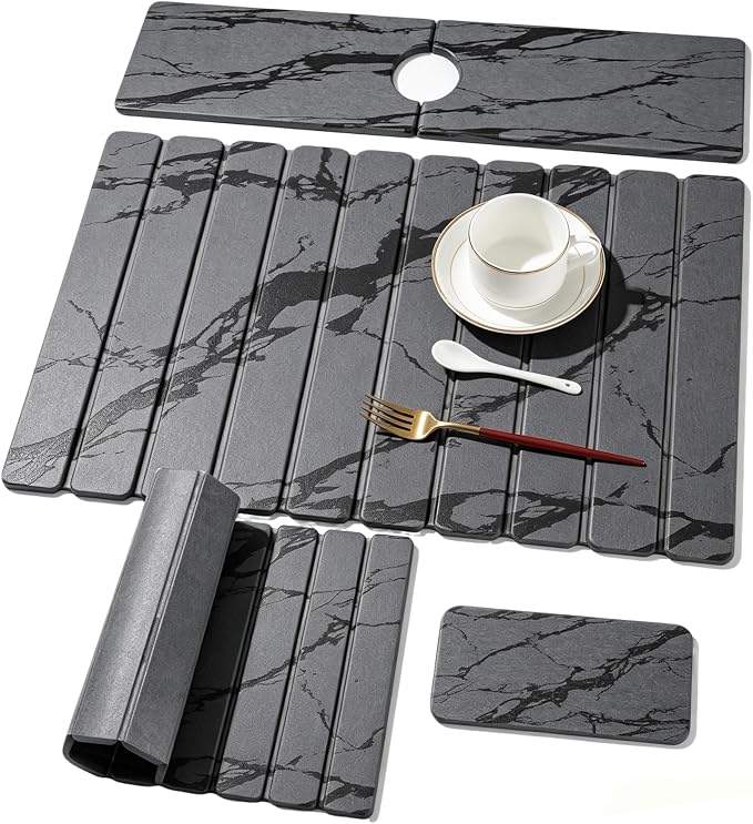 3 PCS Large Stone Dish Drying Mat for Kitchen Counter, Quick Dry Diatomaceous Earth Mat with Sink Faucet Pad, Marble Water Absorbing Stone Drying Mats for Dishes, Bottles and Cups