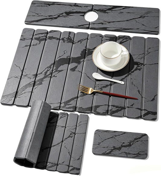 3 PCS Large Stone Dish Drying Mat for Kitchen Counter, Quick Dry Diatomaceous Earth Mat with Sink Faucet Pad, Marble Water Absorbing Stone Drying Mats for Dishes, Bottles and Cups