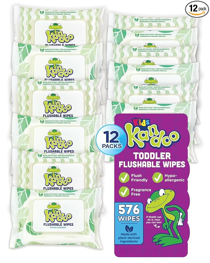 Flushable Wipes for Baby and Kids by Kandoo, Sensitive and Unscented Formula, Hypoallergenic Potty Training Wet Cleansing Cloths , 48 Count, Pack of 12