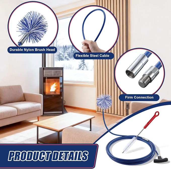 Dreyoo Pellet Stove Cleaning Brush Kit, 20 FT Flexible Steel Rod with 3" Brush Head, T Handle, Multi Purpose Flue Detail Cleaner, Nylon Stove Flue Pipe Kit for Pellet Furnace Exhaust Pipes