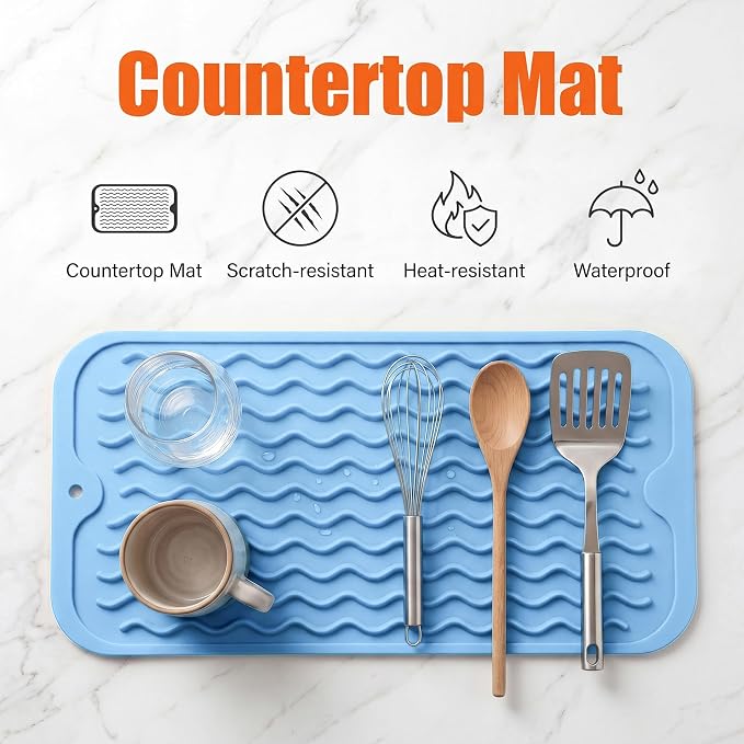 MicoYang Silicone Dish Drying Mat for Multiple Usage,Easy clean,Eco-friendly,Heat-resistant Silicone Mat for Kitchen Counter or Sink,Refrigerator or Drawer Liner Light Blue S 12 inches x 6 inches