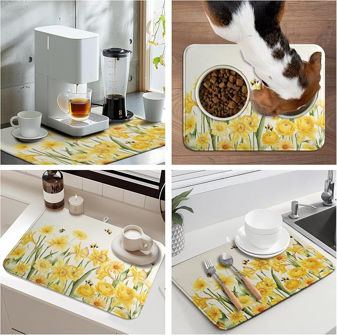 Spring Summer Daffodils Dish Drying Mats Spring Yellow Rose Dish Mat Drying Matt Floral Bee Dishes Dryer Pad for Kitchen Counter Absorbent Microfiber Washable Foldable Reusable 18x24 in