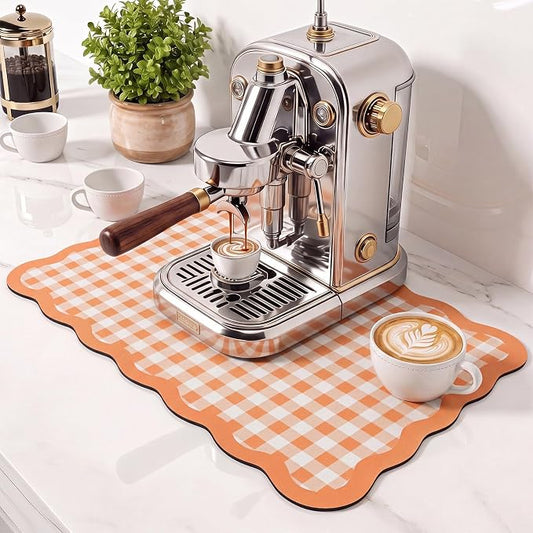 Scalloped Gingham Coffee Mat 12" x 20" Absorbent Coffee Bar Mat Gingham Espresso Matt for Counter(Orange)