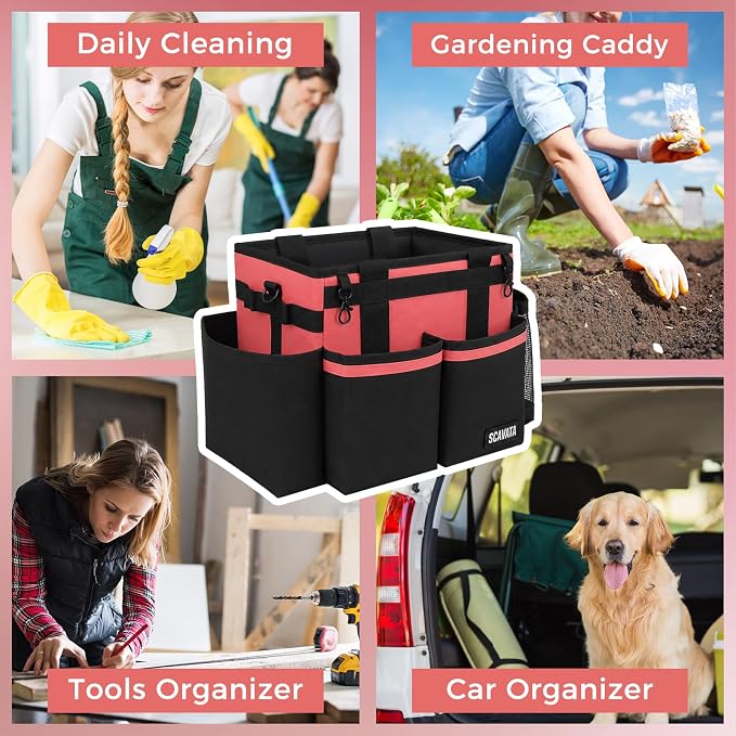 SCAVATA Compact Wearable Cleaning Caddy with Handle & Shoulder Straps | Small Cleaning Supplies Organizer, Under Sink & Car Cleaning Tools Storage Bag for Housekeepers Cleaners, Coral Pink