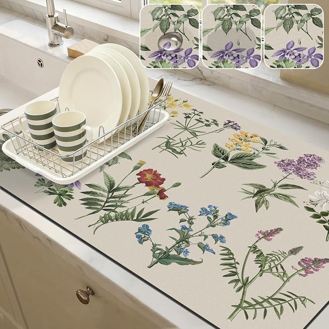 LOKHOM Dish Drying Mat for Kitchen Counter, 17"x32" Absorbent Coffee Bar Mat with Vintage Sage Flower Herbs, Dish Drainer Rack Mats for Kitchen Counter Coffee Maker Pot Dining Room Decoration