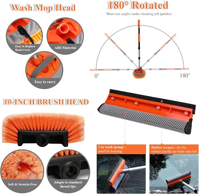10Pcs 60" Car Wash Kit with Long Handle, Soft Extendable Car Wash Brush & Mop, Wheel & Tire Brush, 2-in-1 Window Squeegee, Microfiber Towel & Wash Mitt for Cars, SUVs, Trucks Exterior Cleaning