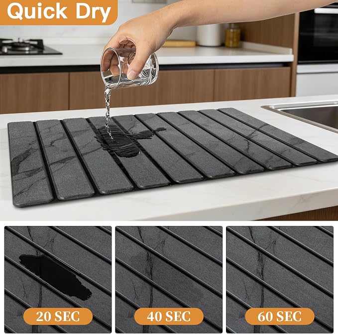 Stone Dish Drying Mat for Kitchen - Upgrade Counter Mats Quick Dry | Foldable Design, Super Absorbent, (24"×16"/ 8"x4" ) , for Dishes Cups , No Water Stains, Core Material Upgrade, Gray