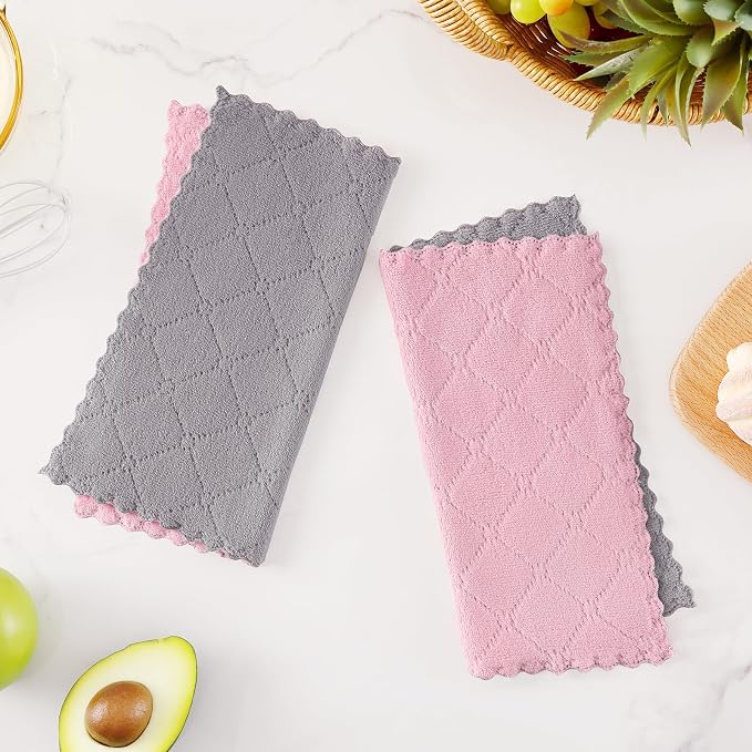Homaxy 12 Pack Kitchen Cloths Dish Towels (10" x 10", Grey & Pink), Super Soft and Absorbent Dish Cloths, Coral Velvet Microfiber Cleaning Cloth, Nonstick Oil Fast Dry Dishcloths