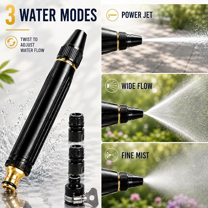 High Pressure Hose Nozzle, Full Metal Hose Sprayer with Adjustable Spray | Heavy duty construction with powerful water flow for car washing, garden watering, patio cleaning and outdoor tasks.