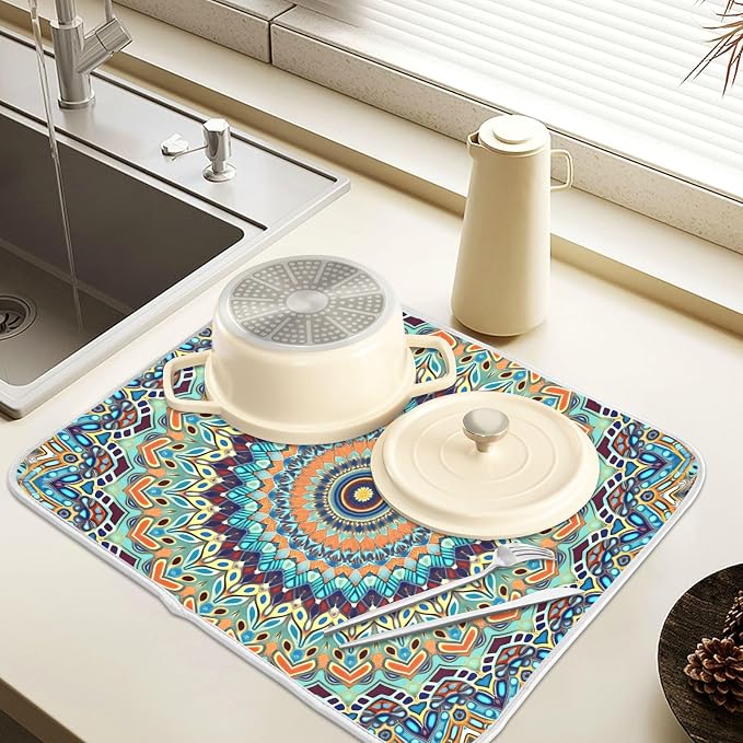 Bohemian Mandala Dish Drying Mat for Kitchen Counter Absorbent Microfiber Small Boho Ethnic Drying Pad Dish Mats for Kitchen Countertops 16 x 18 Inch