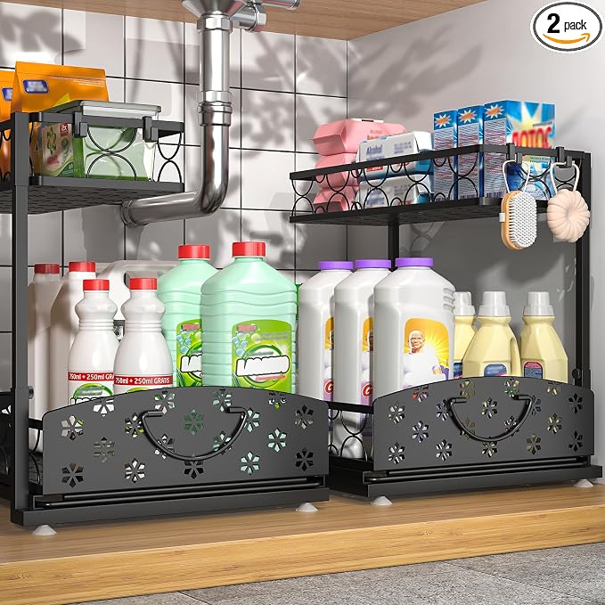 Sevenblue 2-Pack 2-Tier Height Adjustable Under Sink Organizer & Storage | Multi-purpose storage for kitchen & bathroom cabinet. Extra Large metal shelf, height adjustable design for space-saving.