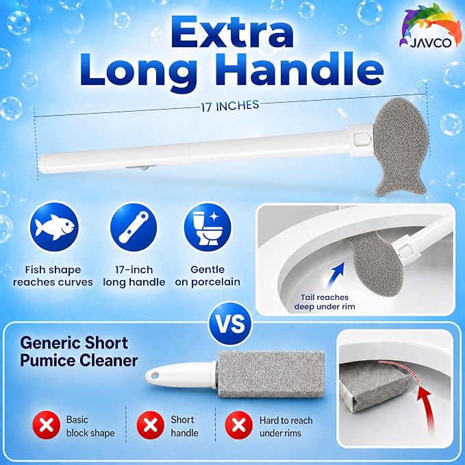 Pumice Stone for Toilet Bowl Cleaning, 8-in-1 Toilet Cleaning Kit with 6 Replaceable Fish Heads, 17" Extra Long Handle, Wall Mount Holder, Removes Hard Water Stains, Mineral Deposits & Rust Rings