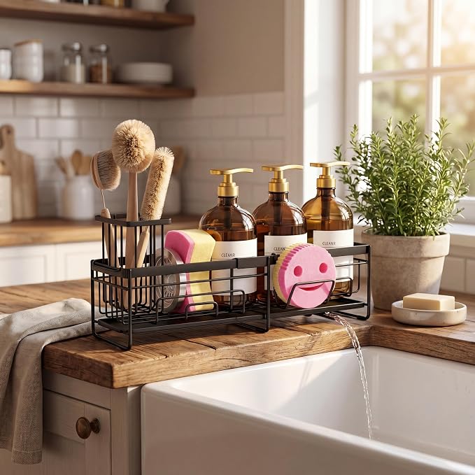 spospo Extendable Sponge Holder for Kitchen Sink, Extra Large Adjustable Length Sink Caddy Organizer with High Brush Holder, Self-Draining Countertop Organizer