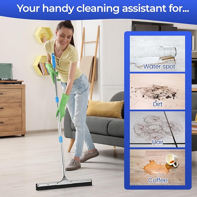 Aodaer Squeegee for Floor Scrubber with Extendable Telescopic Pole Handle | with 2 Pairs Extra Replacement EVA Blades Clip Heavy Duty Household Rubber Broom for Garage, Courtyard, Pool, Tile Bathroom
