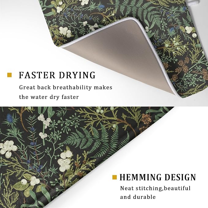 Green Plants Dish Drying Mat for Kitchen Counter Microfiber Absorbent Dish Draining Reusable Washable Foldable Extra Large 18"x24"
