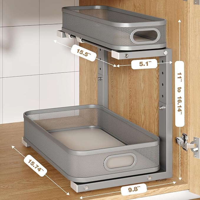 1 Pack 15.7IN-Depth Under Sink Organizer With Smooth Cylindrical Rail,2-Tier Pull Out Multi-Purpose Cabinet Storage for Bathroom&Kitchen,Height Adjustable,Rust-resistant Coating-Gun Gray