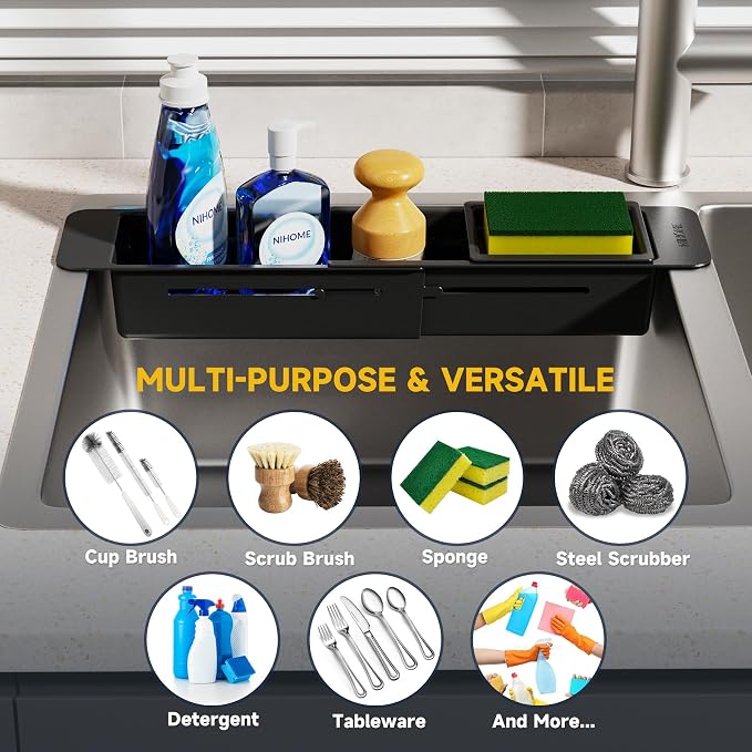 NiHome Extendable Over Sink Kitchen Organizer, Small Telescopic Brush Storage Rack for Sponge, Non-Slip Pads Expandable Sink Caddy, Adjustable Sponge/Brush Rack with Drainage Durable ABS (Black)