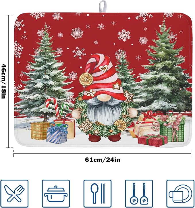 Christmas Dish Drying Mat for Kitchen Counter, Merry Christmas Dish Drying Mat 18 x 24 Inch Xmas Gnomes Absorbent Reversible Microfiber Dish Drying Pad Kitchen Drying Mat for Coffee Bar