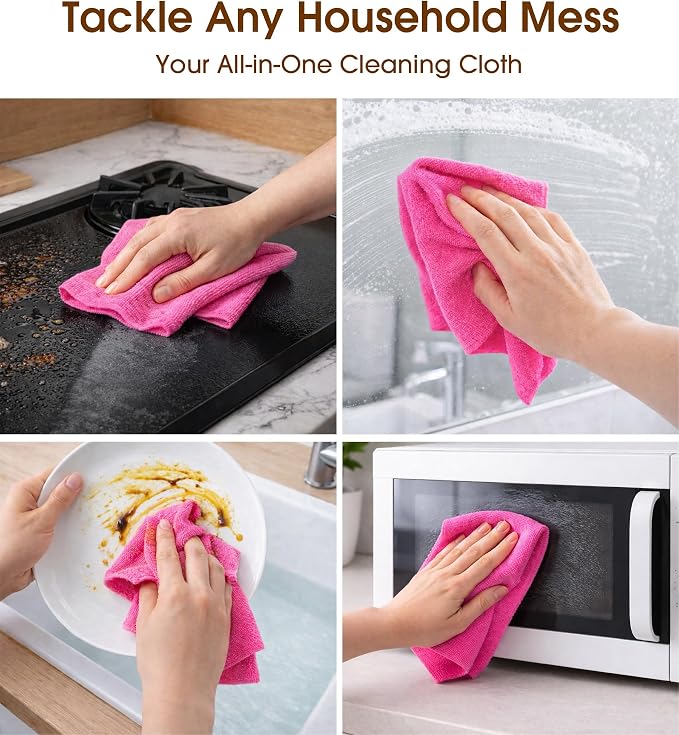 KitchLife Microfiber Cleaning Cloth Roll, 100 Pack - Tear-Away Microfiber Paper Towels, Lint-Free, Reusable, Washable for Kitchen, Car, Dishes, and Sensitive Surfaces (Hot Pink)