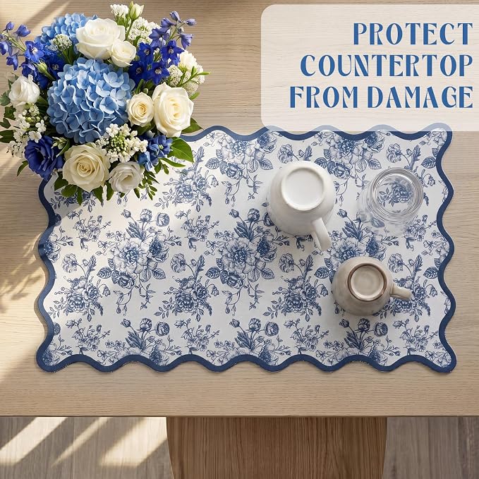 Scalloped Chinoiserie Blue Floral Dish Drying Mat 12"x20" Absorbent Coffee Mat Cuttable Hide Stain Non-slip Drying for Kitchen Counter Coffee Maker Espresso Machine