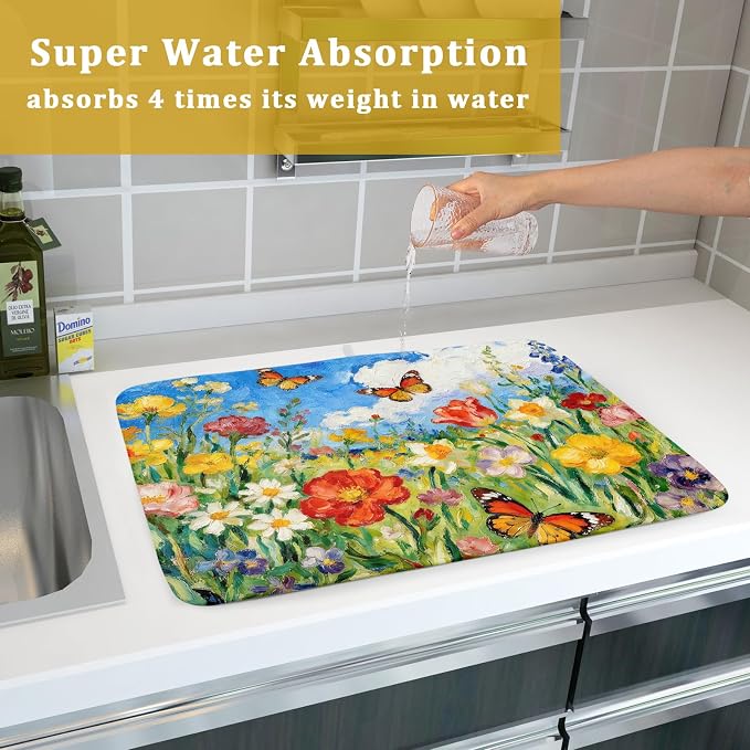 Cute Floral Dish Drying Mat for Kitchen Counter 18x24, Spring Summer Decorative Absorbent Reversible Microfiber Kitchen Countertop Protector Dishes Drainer Pad, Watercolor Flower Butterfly