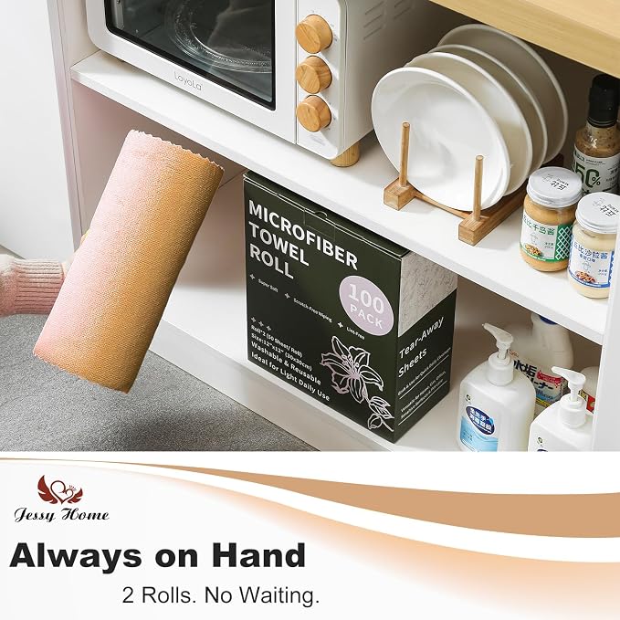 Jessy Home 2 Roll Reusable Paper Towels,100 Sheets Tear Away Microfiber Cleaning Cloth, Lint Free Cleaning Rags for Kitchen, Dishcloth,Household Cleaning Supplies