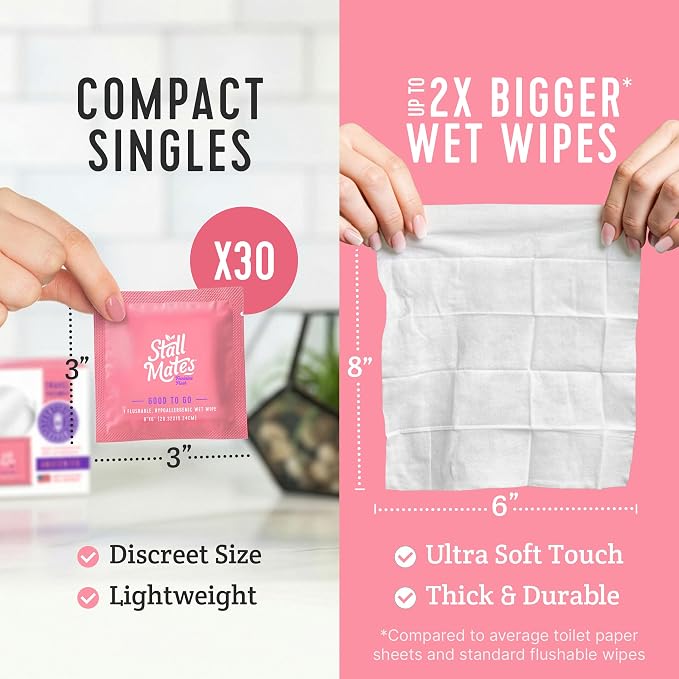 Stall Mates Wipes Feminine Fresh - Flushable | Individually Wrapped Cleansing Travel Friendly PH balanced Unscented with Sunflower, Rosemary and Aloe (90 on-the-go singles) BULK PACK
