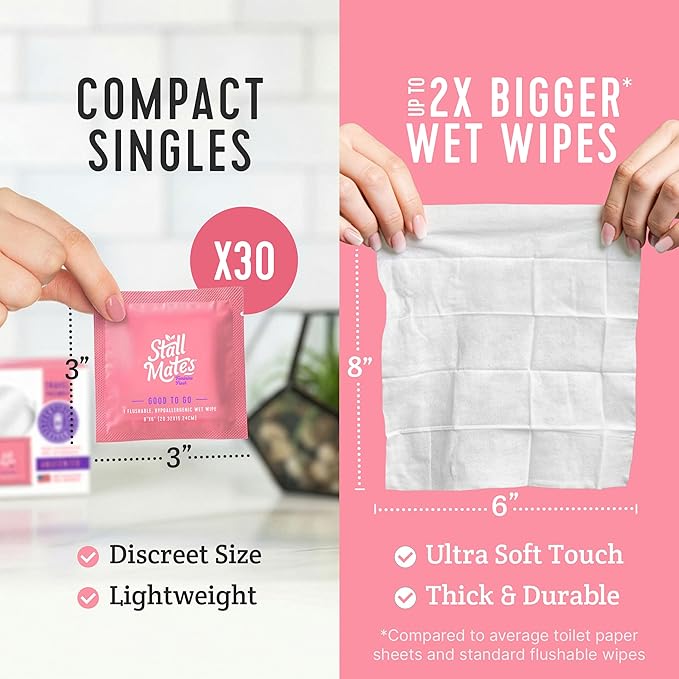 Stall Mates Feminine Fresh - Flushable Wipes, Individually Wrapped Cleansing Travel Friendly PH balanced Unscented with Sunflower, Rosemary and Aloe (30 on-the-go singles)