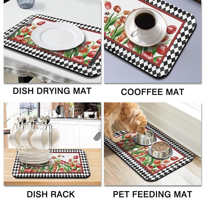 Dish Drying Mat 2-Pack, Tulip For Kitchen Counter Absorbent Dishes | Diatom Mud Mats (18x24, 19.5x12"). Non-slip rubber back for kitchen counter, coffee bar & sink scenes
