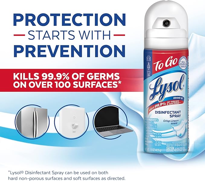 Lysol To Go Disinfectant Spray, Travel Size Sanitizing, For On-the-Go Disinfecting and Deodorizing, Crisp Linen, 1.5 Fl. Oz (Pack of 4)