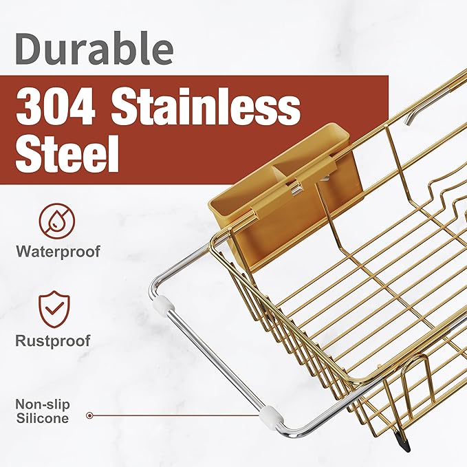JASIWAY Gold Dish Drying Rack in Sink, Expandable Stainless Steel Dish Drainers with Drainboard for Kitchen Counter, Space Saving Dish Dryer Rack, Over The Sink Dish Racks with Utensil Holder