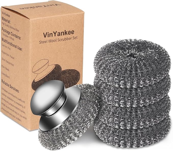 5Pcs Steel Wool Scrubber with Replacement Wire Sponge Pads Set, Stainless Steel Scrubber with Handle for Scouring Stubborn Messes from Cast Iron, Pots, Pans, Grill, Stoves, Sink(1 Scrubber+4 Pads)