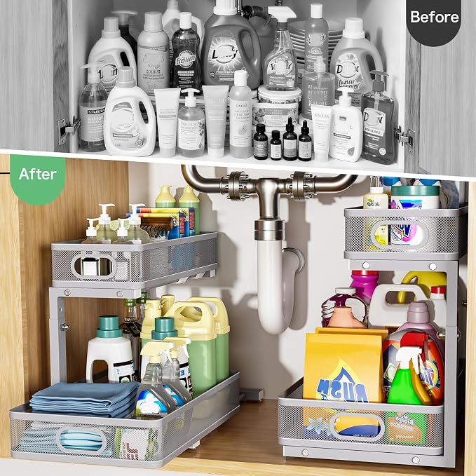 Under Sink Organizer 2 Pack, High Adjustable 2 Tier Under Sink Organizers and Storage, Slide out Metal Cabinet Organizers, Pull out Storage Drawer Shelf for Kitchen Bathroom Cabinet (Gray)